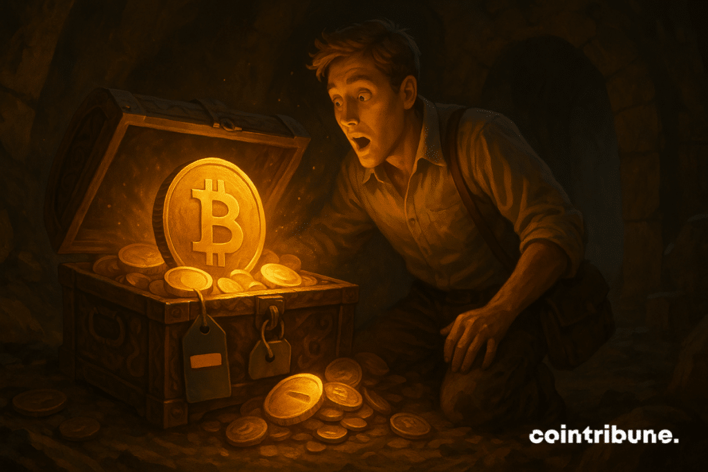 Un chercheur de trésor moderne représentant Bitwise découvre un coffre débordant de Bitcoins, avec une étiquette « 27 000 $ » barrée. En fond, un panneau gravé dans la pierre « 270 000 $ ».