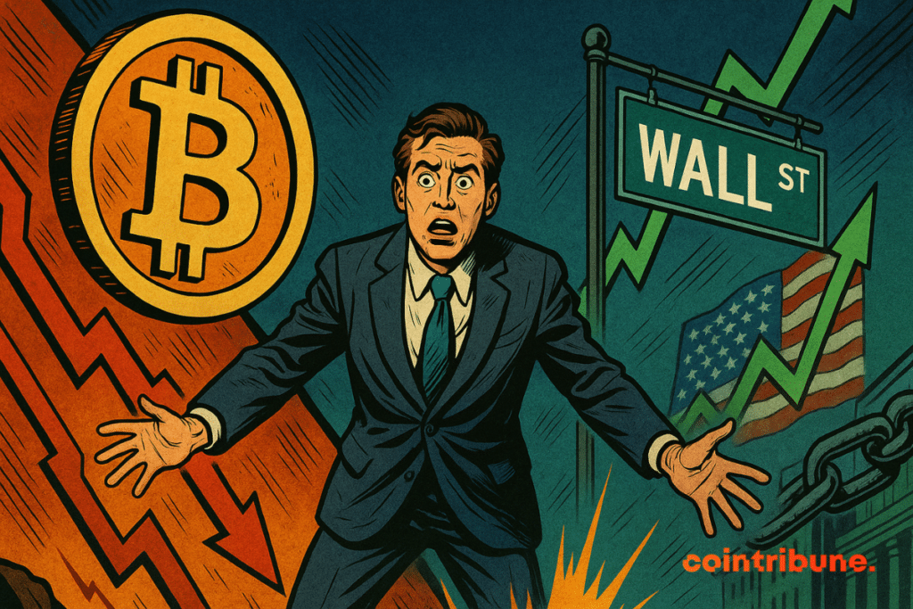 Illustration de style bande dessinée représentant un homme d'affaires pris entre la chute du Bitcoin et la hausse du marché boursier, une chaîne brisée symbolisant le découplage financier de 2025. Les couleurs à fort contraste et le style bande dessinée vintage soulignent la divergence dramatique.
