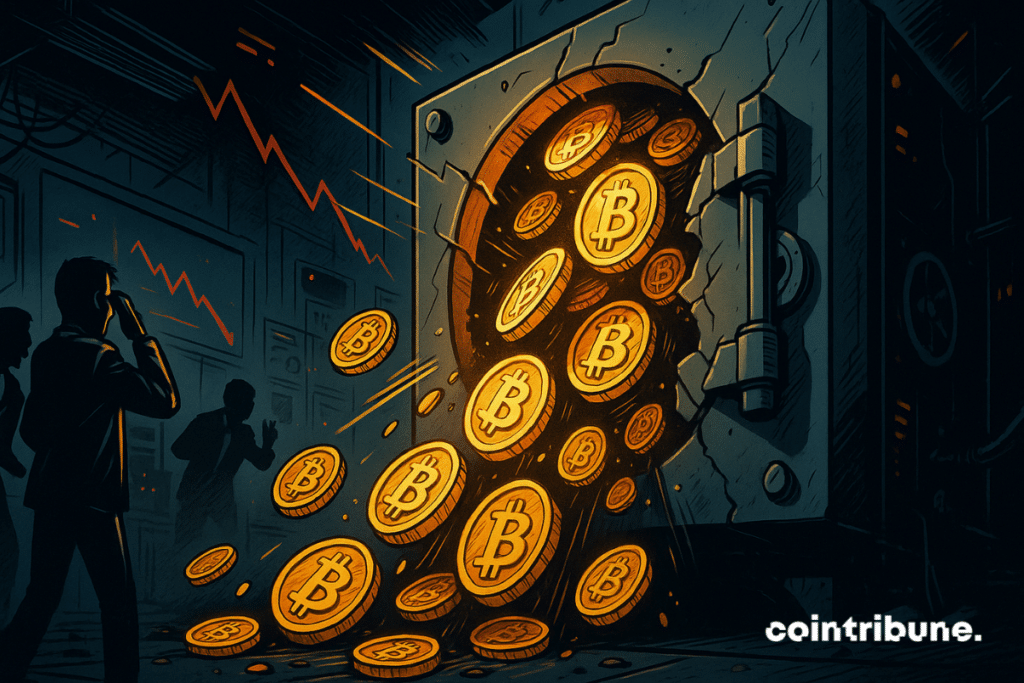 Un coffre éventré laisse s’échapper un flot massif de pièces Bitcoin dorées, qui tombent en cascade à travers une fissure béante, vers un tunnel sombre.