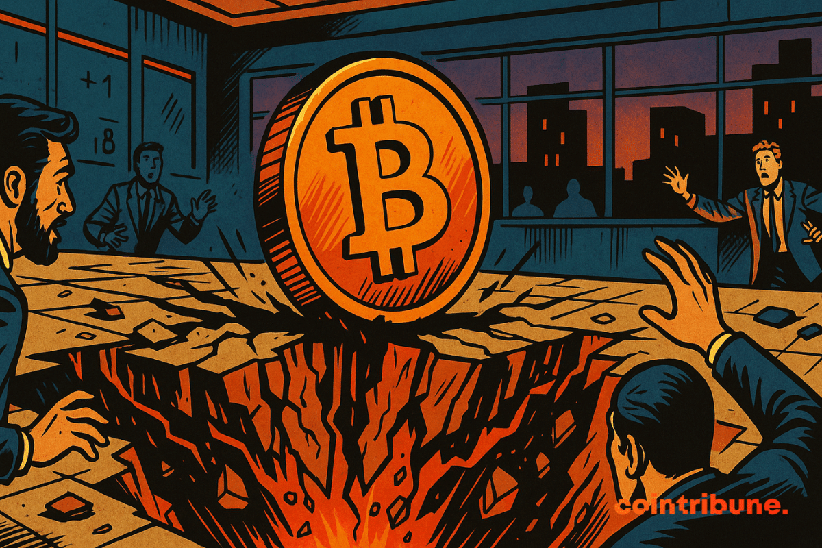 The floor cracks violently beneath a giant Bitcoin in a trading room.