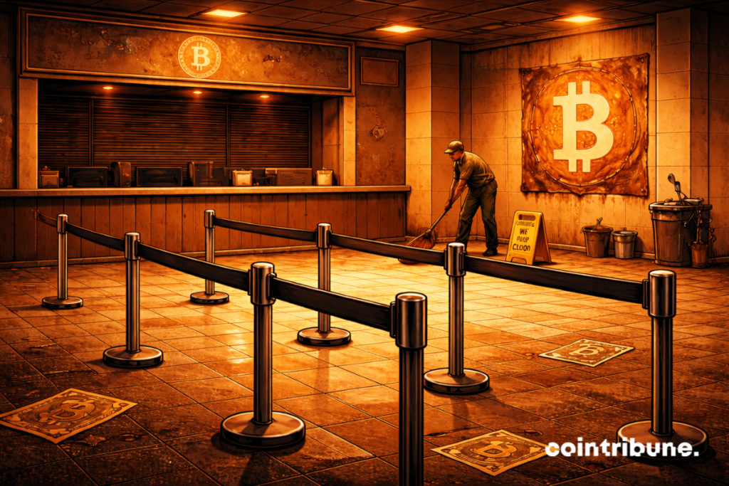 Devant un guichet fermé « Crypto Exchange », des barrières de file d’attente sans personne, ce qui symbolise la contraction de la demande de Bitcoin.