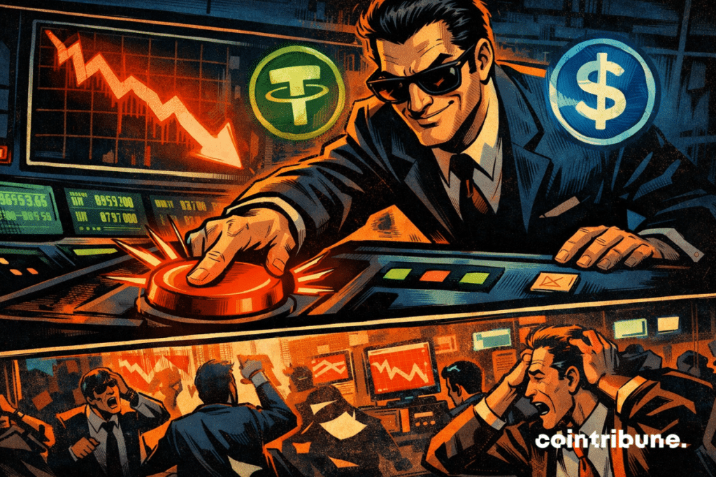 Trader hits red button as Bitcoin dips; chaos erupts in the background.