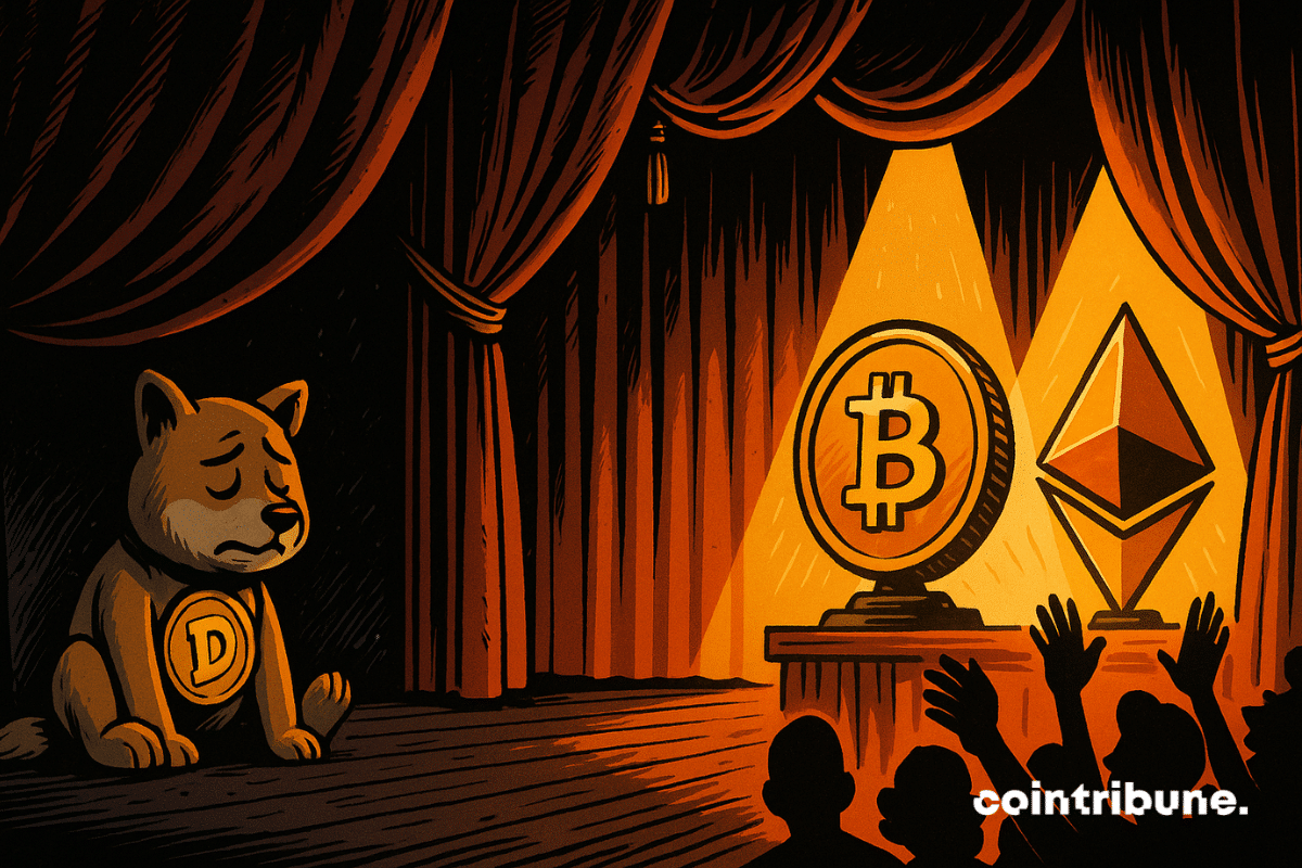En un escenario teatral, un títere de DOGE yace abandonado en el suelo, mientras BTC y ETH, brillando, reciben aplausos. Así cae el telón sobre los ETF de Dogecoin.