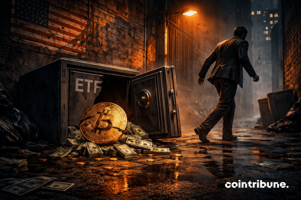 Un coffre-fort renversé marqué « ETF » laisse échapper un Bitcoin brisé et des billets dans une ruelle.