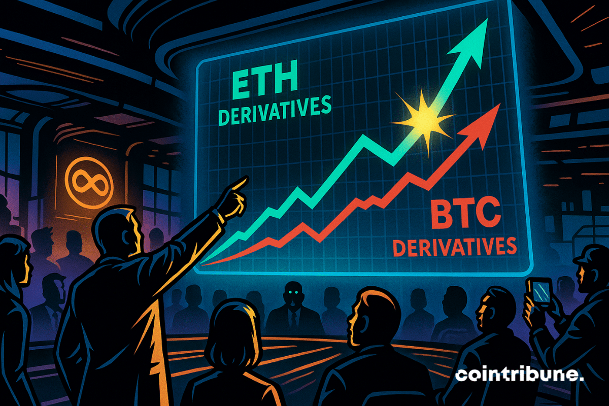 Un graphique géant en hologramme affiche l’Ether dépassant le Bitcoin, avec une foule de traders interloqués.