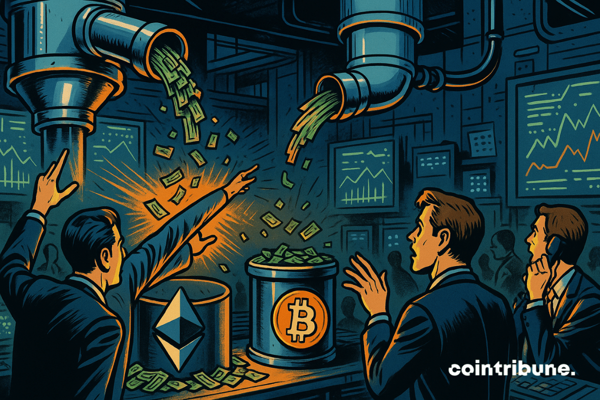 Deux tuyaux géants transportent des flux de billets. Le tuyau vers Ethereum est large et déborde alors que le tuyau vers le Bitcoin est mince et presque vide.