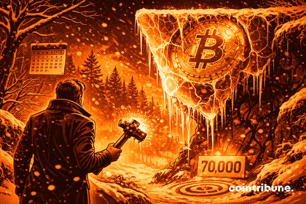 Bitcoin is trapped in a stalactite that slowly collapses towards a target marked "70,000" on the ground under the gaze of a Fed representative.