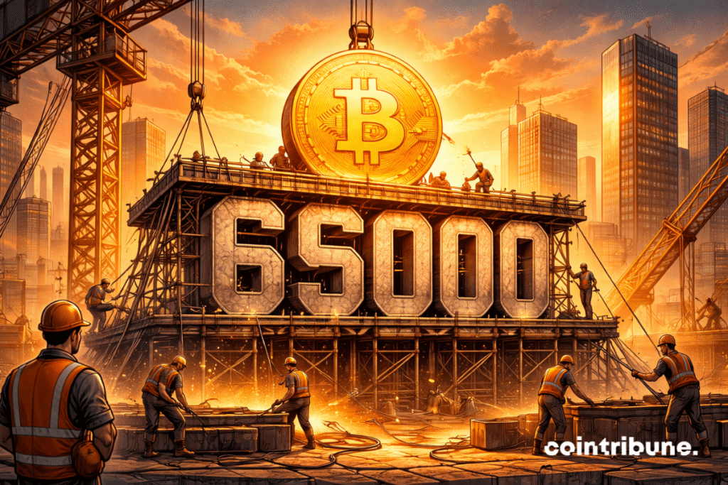 Workers in orange suits are assembling, on a futuristic construction site with scaffolding shaped like “65000,” a base on which a Bitcoin is elevated.