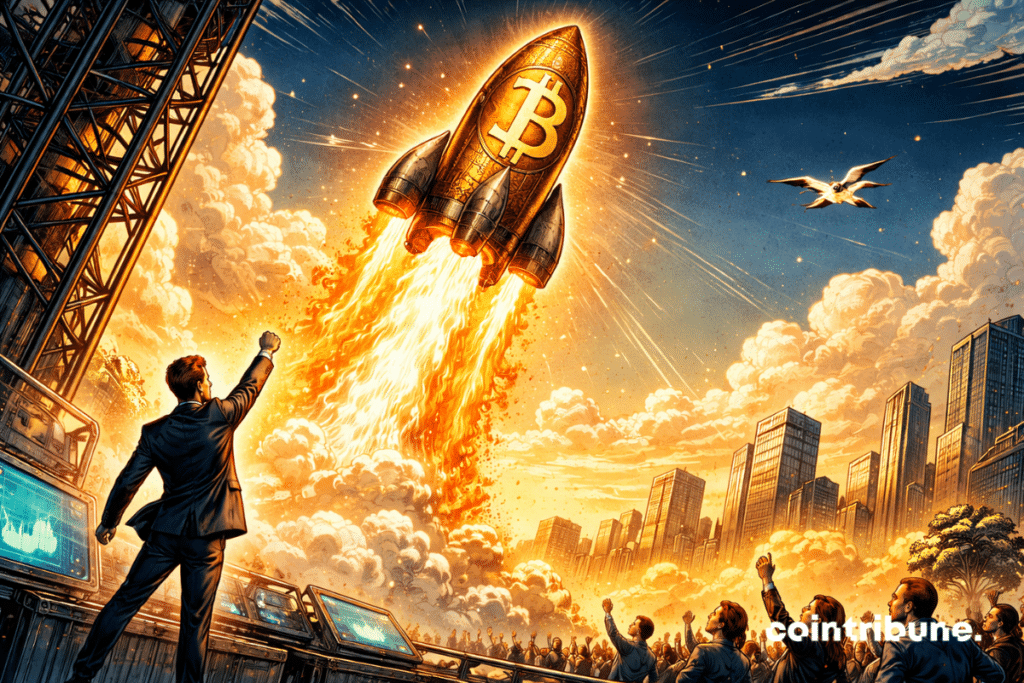 Un enorme cohete estilizado como una moneda de Bitcoin, con el logotipo BTC claramente visible, se lanza al cielo dejando una estela de llamas naranjas y doradas. En la esquina inferior izquierda, un hombre representa a Grayscale. Está de pie sobre una plataforma de lanzamiento de alta tecnología.