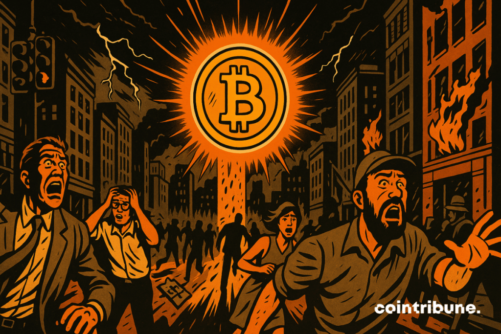 Bitcoin hovers above, like a protective eye or a divine entity, symbolizing Larry Fink’s remarks.
