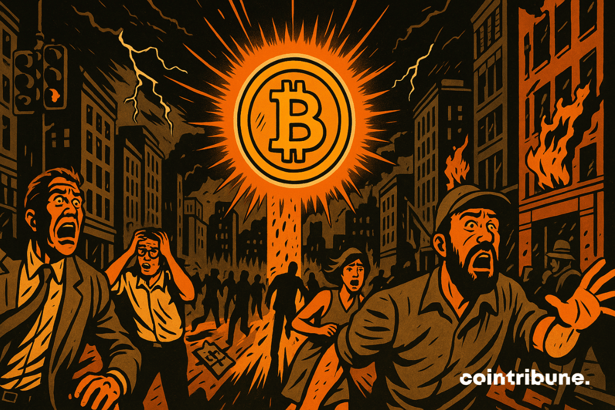 Bitcoin hovers above, like a protective eye or a divine entity, symbolizing Larry Fink’s remarks.