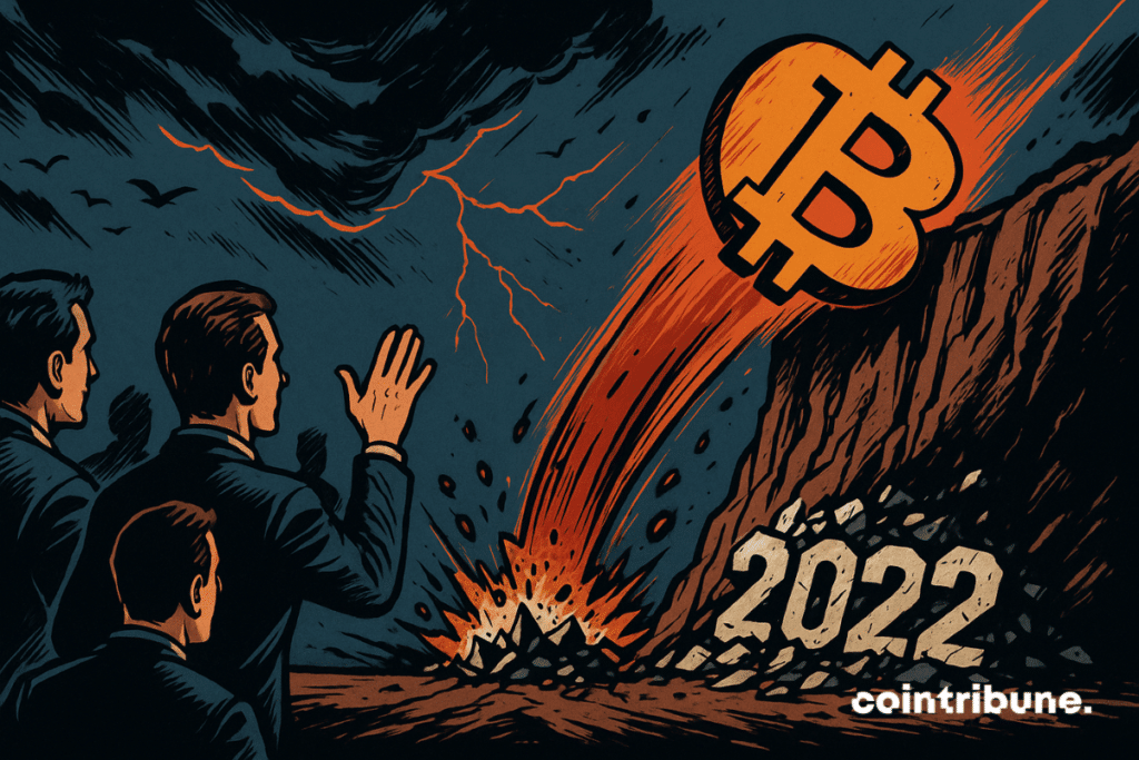 Le Bitcoin tombe d’une falaise sous le regard des traders. En bas se trouve un panneau « 2022 » déjà fracassé, ce qui symbolise le marché baissier.