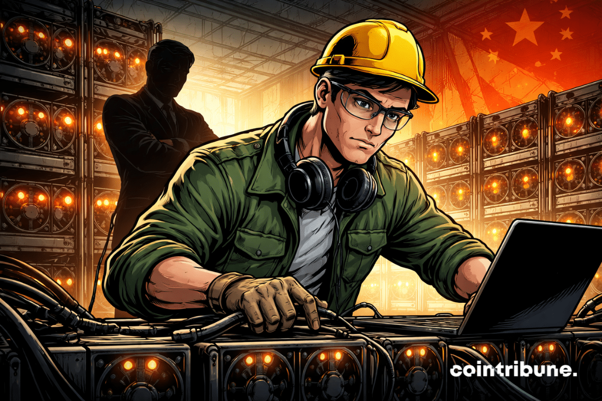 A calm Bitcoin technician tunes glowing mining machines while a shadowy Chinese official watches from behind, powerless to stop the operation.