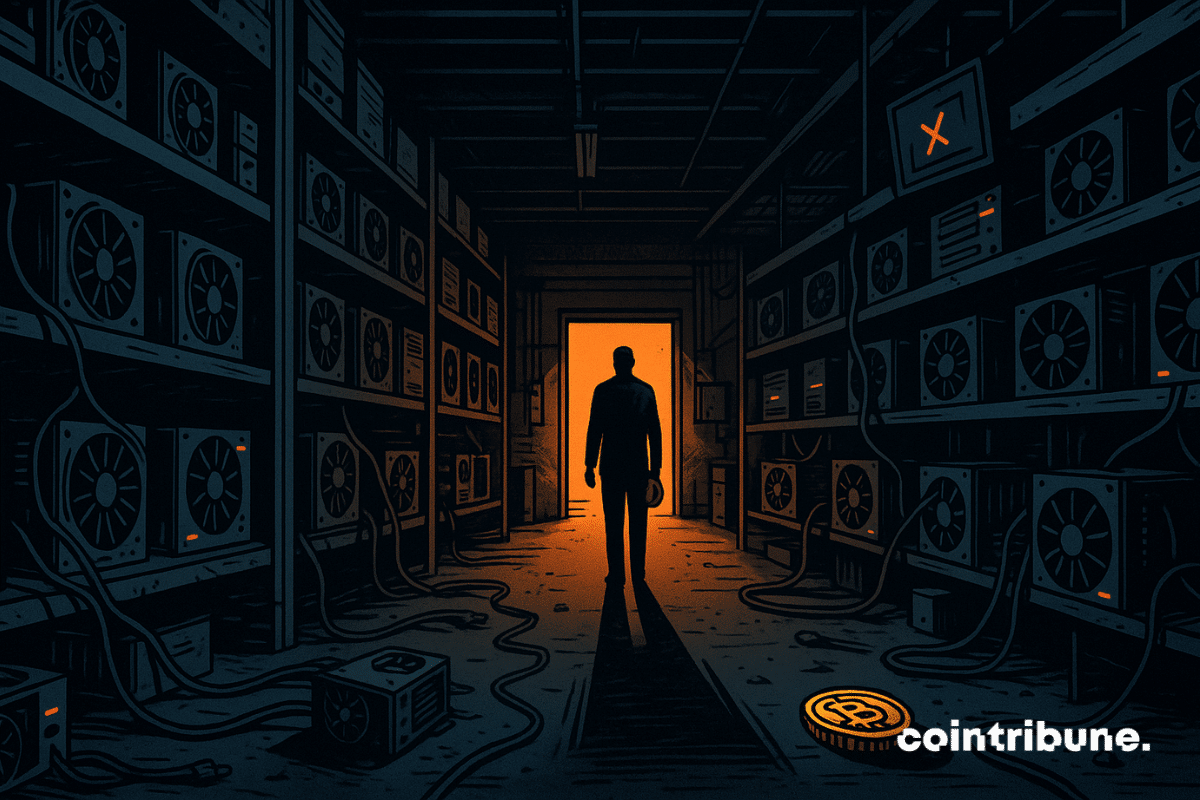 Una figura solitaria que representa a un especialista en minería de Bitcoin está al fondo, con un casco de seguridad bajo el brazo. Permanece inmóvil, observando las luces rojas parpadeantes de las máquinas.