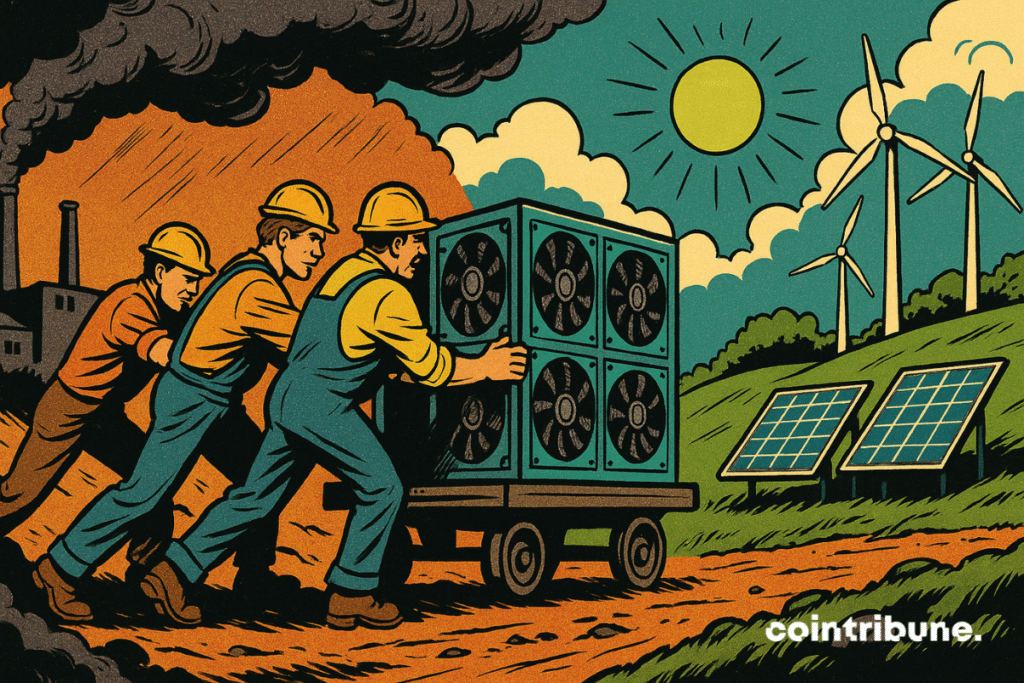 A group of miners pushes a large Bitcoin mining rig mounted on a makeshift cart toward a green valley.