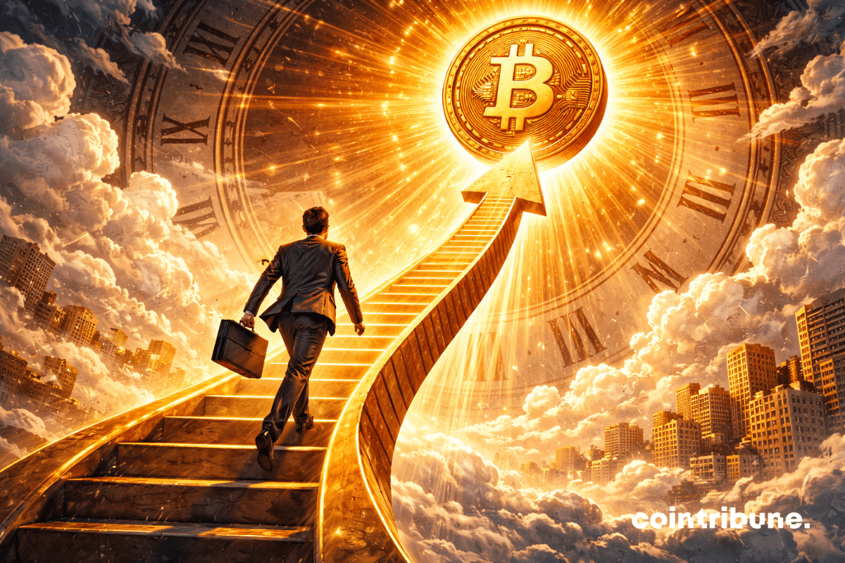 Une gigantesque flèche monte en spirale autour d’un Bitcoin géant suspendu dans le ciel. Un expert se tient debout sur la flèche et grimpe.
