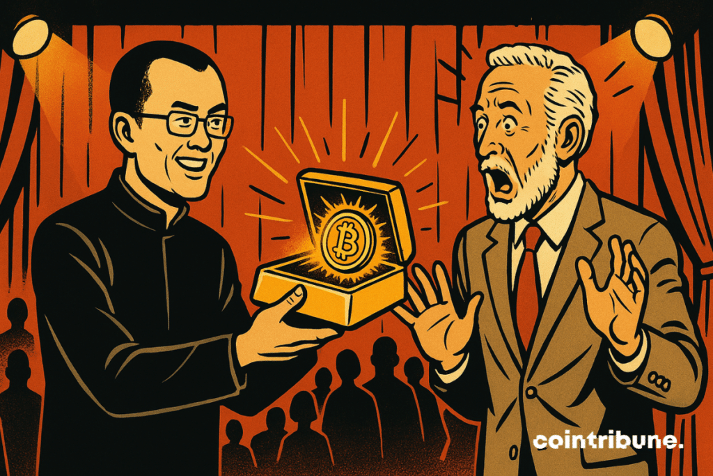 CZ tend un lingot d’or ouvert, révélant une pièce de Bitcoin cachée à l’intérieur, à Peter Schiff.