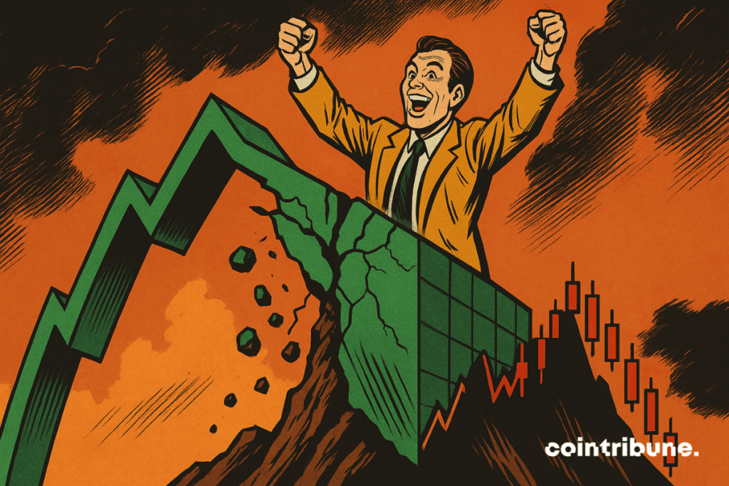 A crypto trader stands atop a green chart cliff, arms raised. The ground is cracking beneath his feet, symbolizing Bitcoin’s drop.
