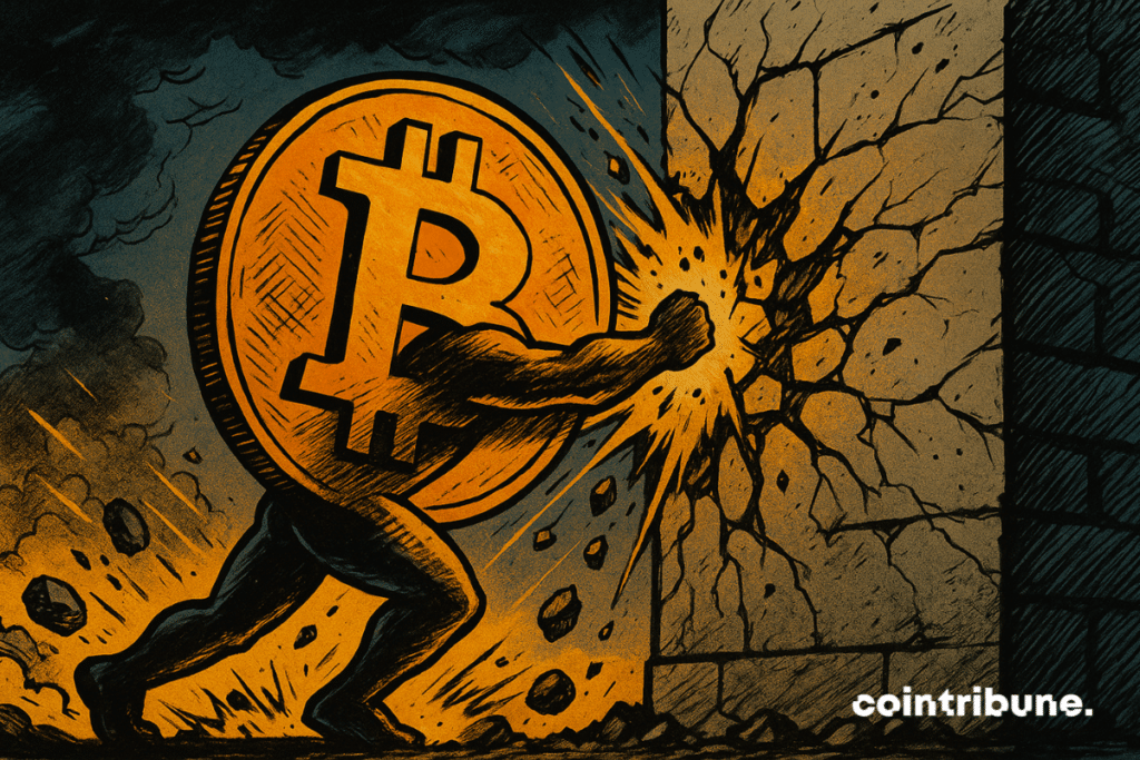 Une pièce de Bitcoin humanoïde s’écrase contre ce mur, ce qui symbolise le rejet des 93 500 $.