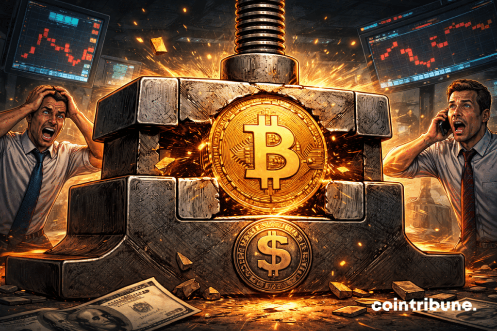 A steel vice crushes a golden Bitcoin coin.