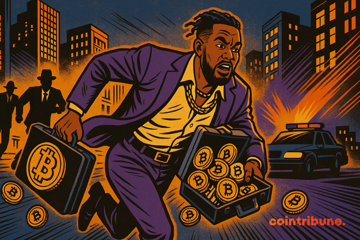 Rodney corre con el traje abierto, llevando una maleta llena de monedas de Bitcoin que se derraman por todos lados. Dos siluetas con trajes oscuros lo persiguen.