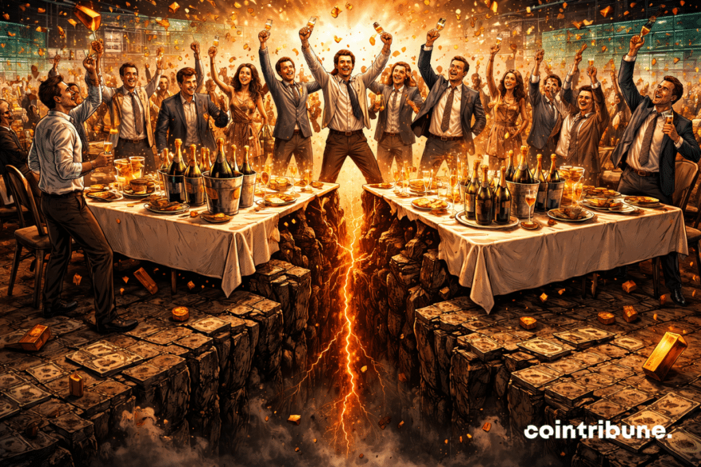 Une grande table de fête est dressée au-dessus d’une faille sismique. Des traders du Bitcoin trinquent.