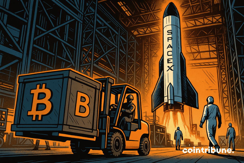 Une fusée SpaceX verticale est en pleine préparation dans un hangar géant. Un chariot élévateur transporte des caisses estampillées du symbole Bitcoin.