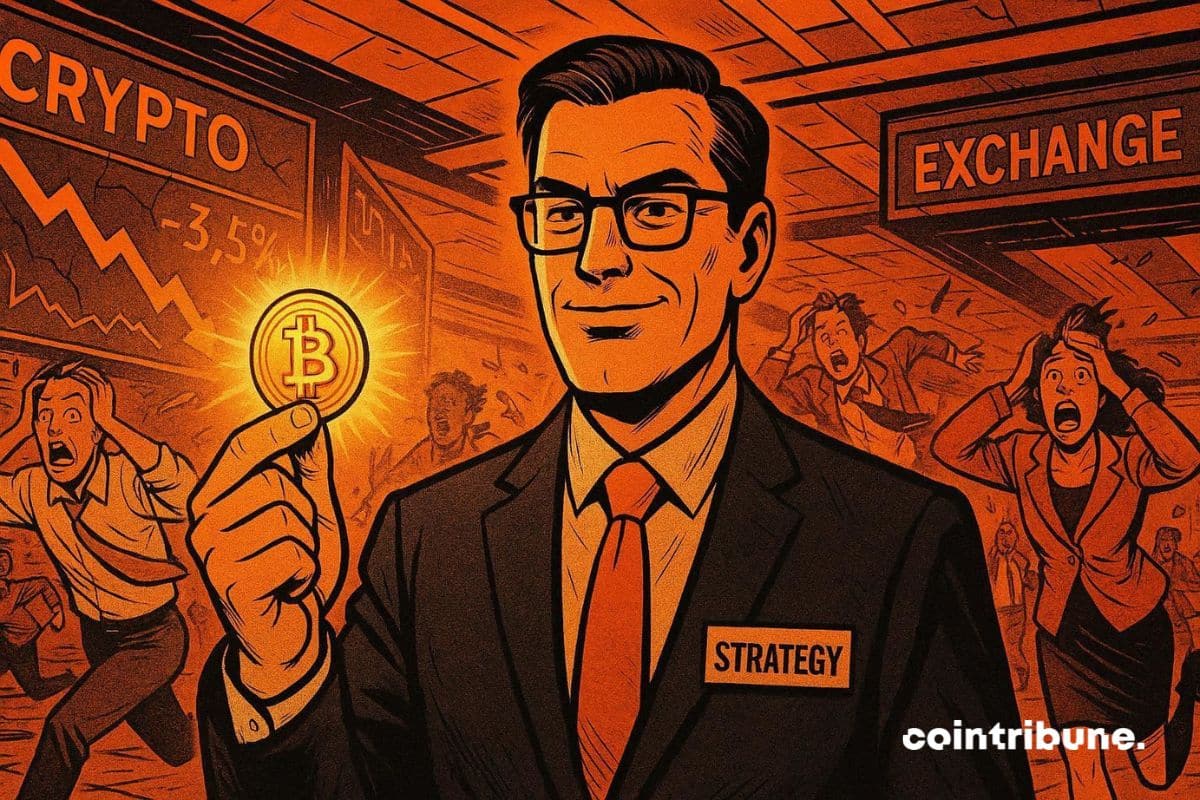 Michael Saylor de Strategy qui tient un bitcoin en main alors l’action de MSTR chute et que c’est le chaos.