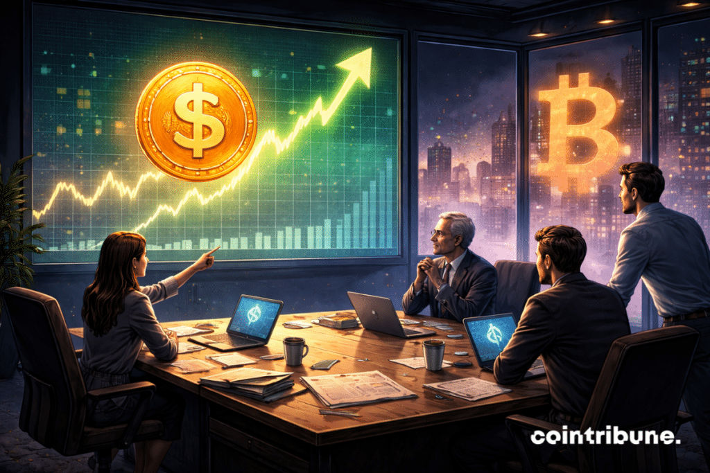 Des analystes et stratèges en réunion observent près d’une grande fenêtre le Bitcoin, à côté d’un graphique stablecoin très lumineux et actif.
