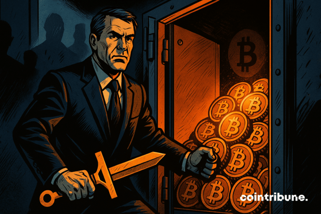Michael Saylor, one of Strategy's founders, stands in front of a slightly open metal vault. He holds the vault door with one hand. In the other hand: a golden USB stick or a stylized sword shaped like the Bitcoin logo, held firmly as if to defend the access.