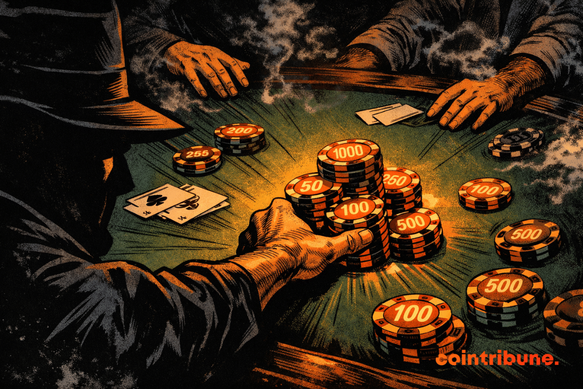 Une main dans l'ombre pousse des jetons de poker orange fluorescents au centre d'une table enfumée tandis que les autres joueurs se retirent, symbolisant un pari risqué contre toute attente.