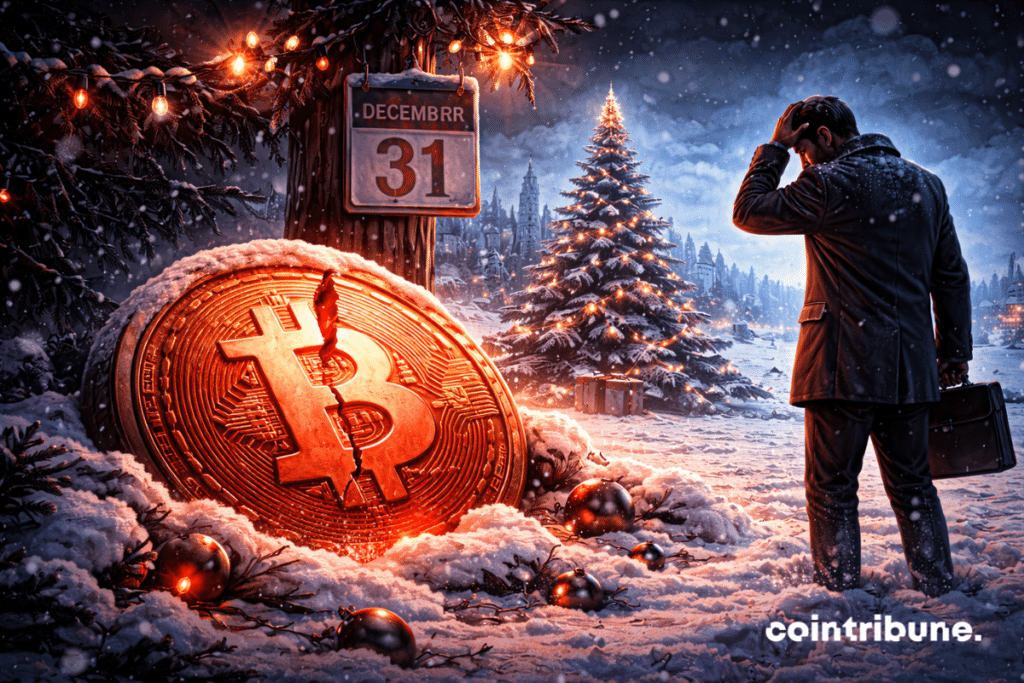 Un trader observe un Bitcoin géant à moitié enseveli sous la neige, fissuré, rougeoyant faiblement.