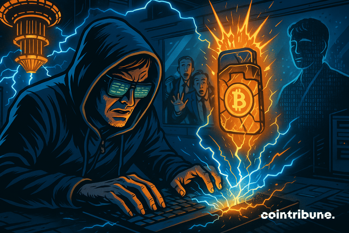 Un pirata informático utiliza una computadora cuántica para desbloquear una billetera Bitcoin mientras los inversores observan en estado de shock tras un cristal.