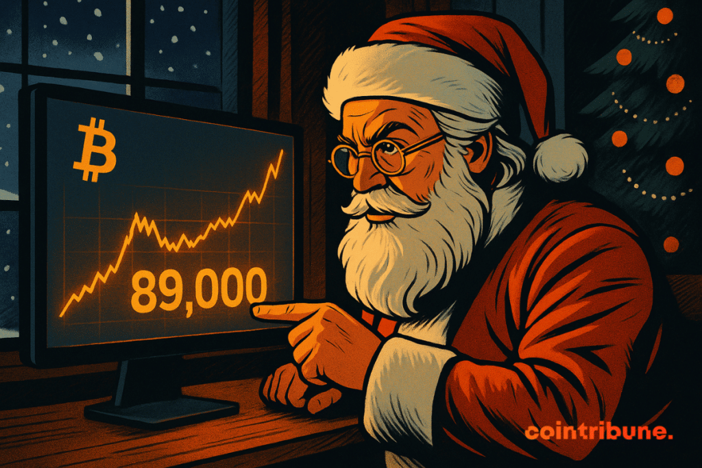 Santa Claus sitting at a desk, intensely watching a computer screen showing Bitcoin’s price at 89,000. The scene is warm and festive, with snow outside the window and a Christmas tree in the background.