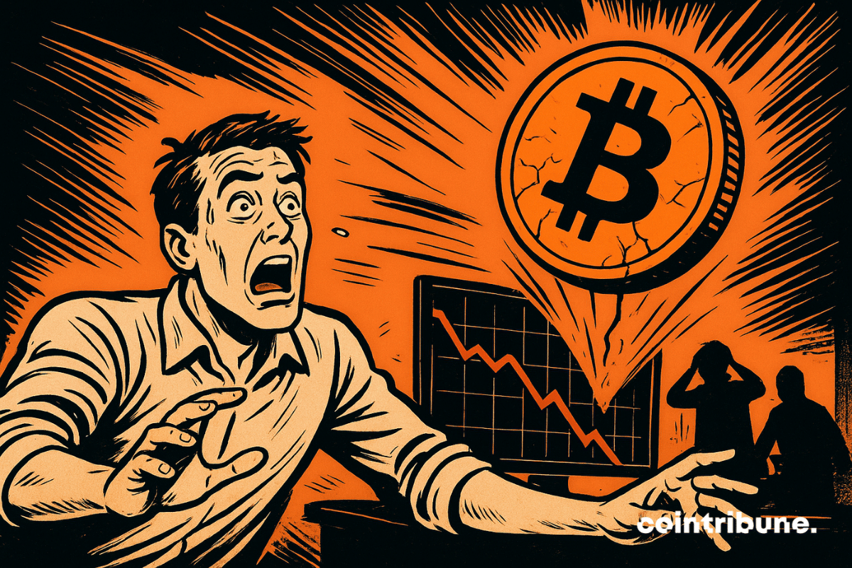 A 1970s comic-style scene shows a panicked trader in front of a giant cracked Bitcoin falling toward a screen displaying a sharply declining chart.