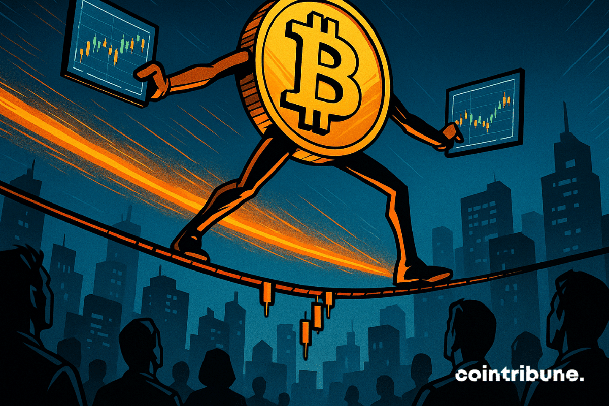 Giant Bitcoin balancing on a candlestick wire, watched by a crowd in a digital cityscape.