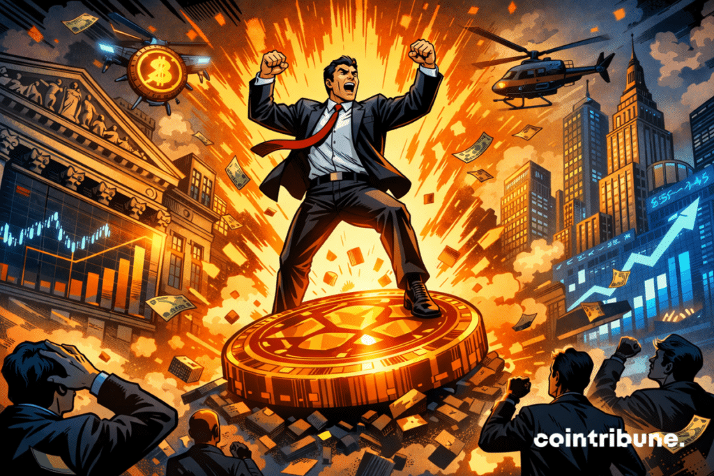 Triumphant businessman stands on a glowing BUIDL token with an exploding city backdrop and charts.