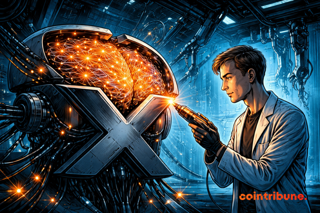 Vitalik, en blouse de chercheur futuriste, examine des neurones remplis de « proofs » lumineux, sur un logo X transformé en tête robotique géante, avec un cerveau visible.