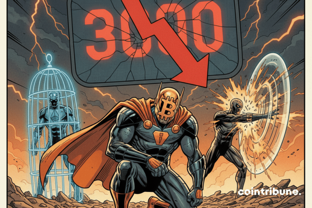 A Bitcoin hero kneeling before the number 3,000, with Ethereum imprisoned and XRP crashing into an invisible wall.