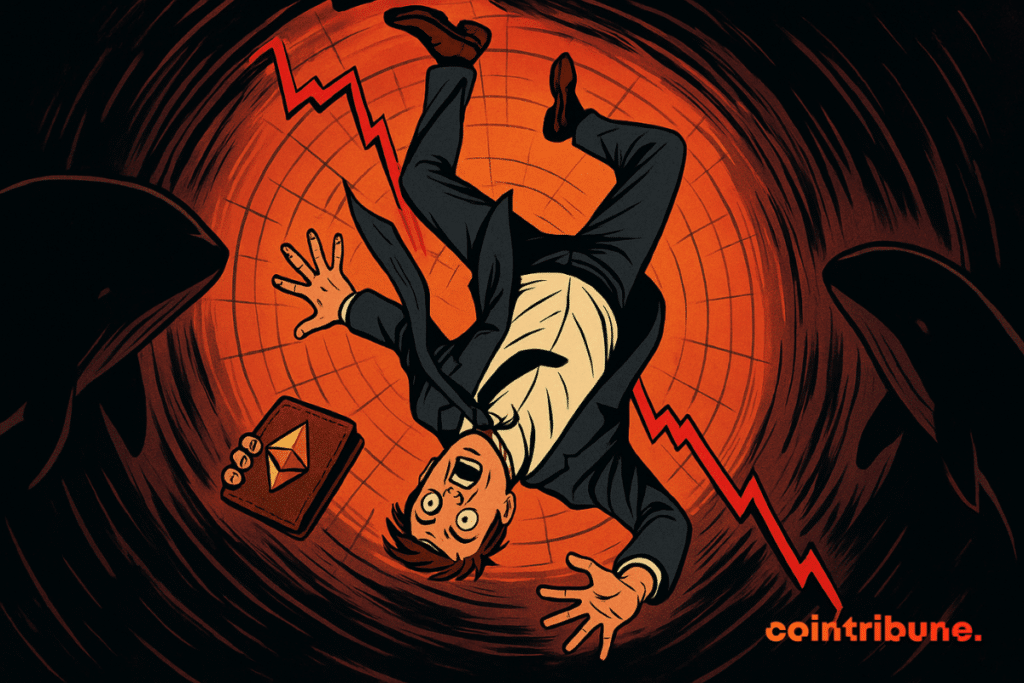Un homme d'affaires paniqué chute dans un vortex rouge, tenant un portefeuille Ethereum, entouré de baleines sombres menaçantes.