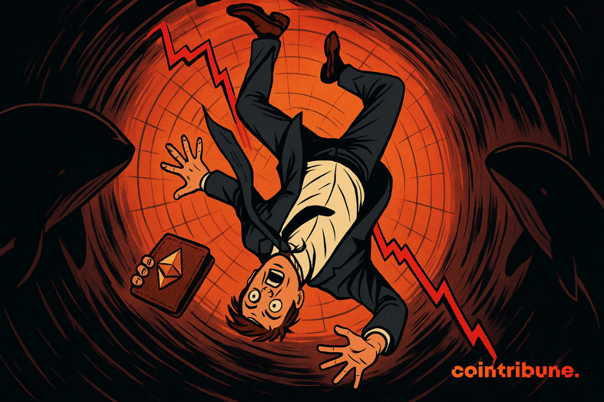 Un homme d'affaires paniqué chute dans un vortex rouge, tenant un portefeuille Ethereum, entouré de baleines sombres menaçantes.