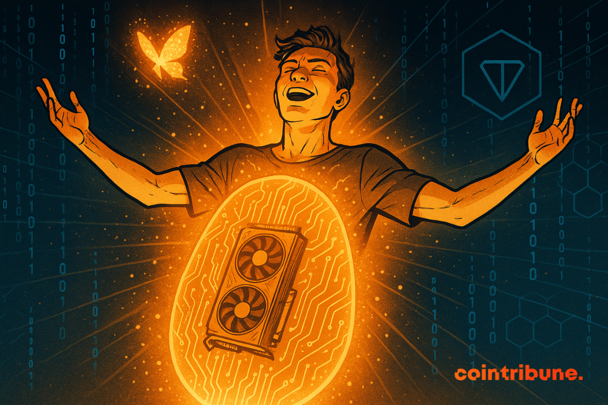 A radiant young man emerges from a luminous cocoon, arms outstretched, into a vibrant and transformative digital world.