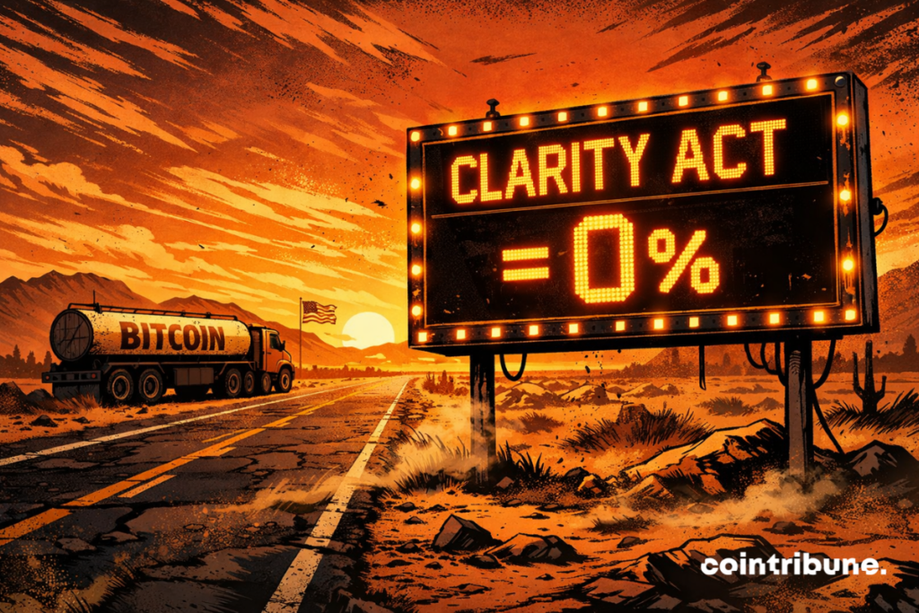 Cartel luminoso «Clarity Act = 0 %» en un desierto anaranjado, camión Bitcoin parado, bandera estadounidense desgastada, ambiente helado y vacío.