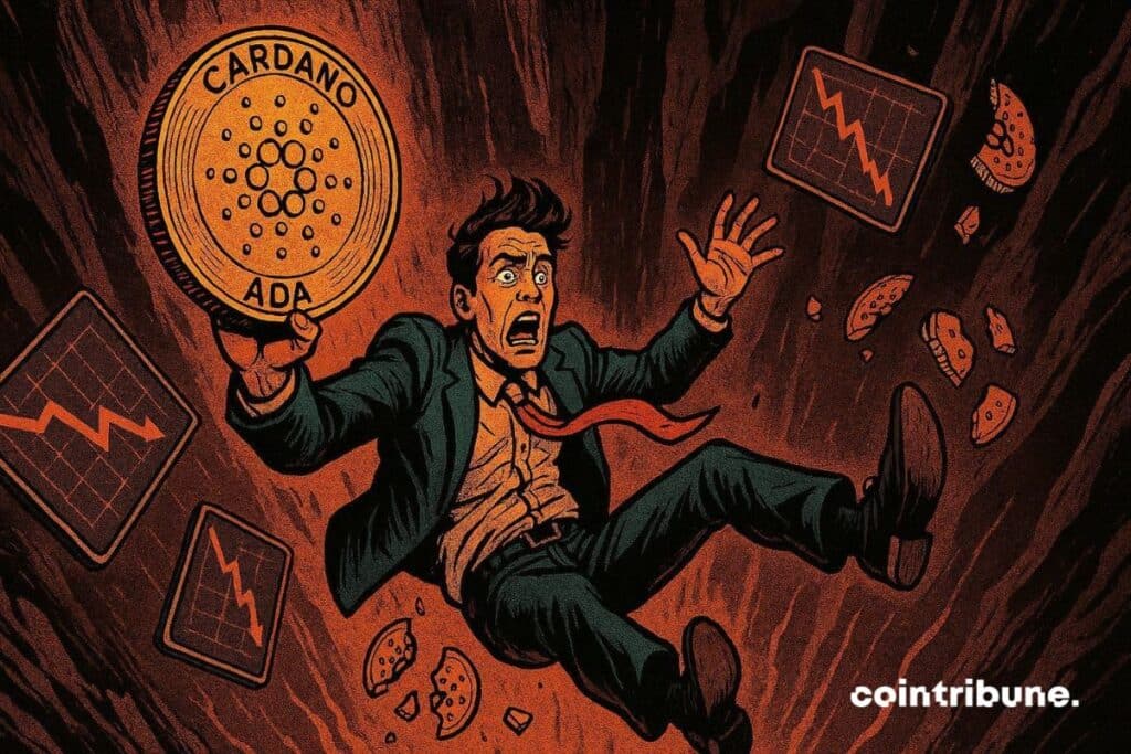 Un investisseur crypto avec une pièce de Cardano qui s’effondre.