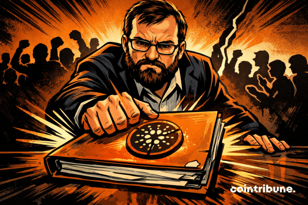A comic-style illustration shows Charles Hoskinson forcefully closing an orange file with a cracked Cardano symbol, as a divided crowd argues behind him.