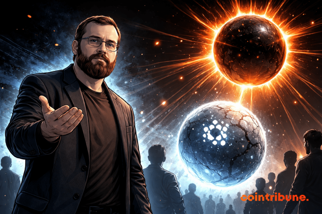 A comic-style illustration shows Charles Hoskinson gesturing calmly as two floating spheres—one cracked and pale, the other dark and glowing orange—pull the attention of silhouetted investors.