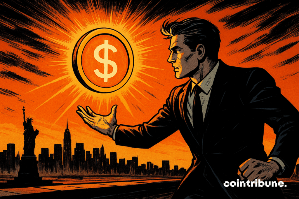 A man in a suit reaches toward a glowing USDC coin floating above a rooftop, with the New York skyline in an orange hue in the background.