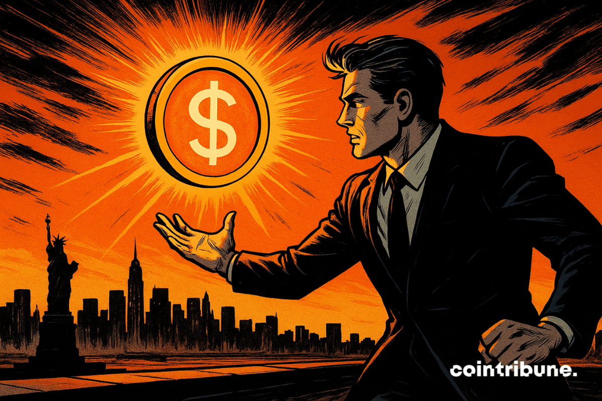 A man in a suit reaches toward a glowing USDC coin floating above a rooftop, with the New York skyline in an orange hue in the background.