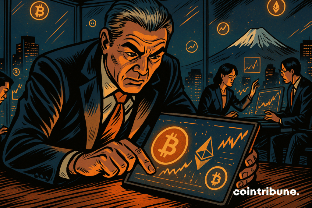 Wealthy Asian investors analyze crypto data in a high-rise Tokyo office at night.