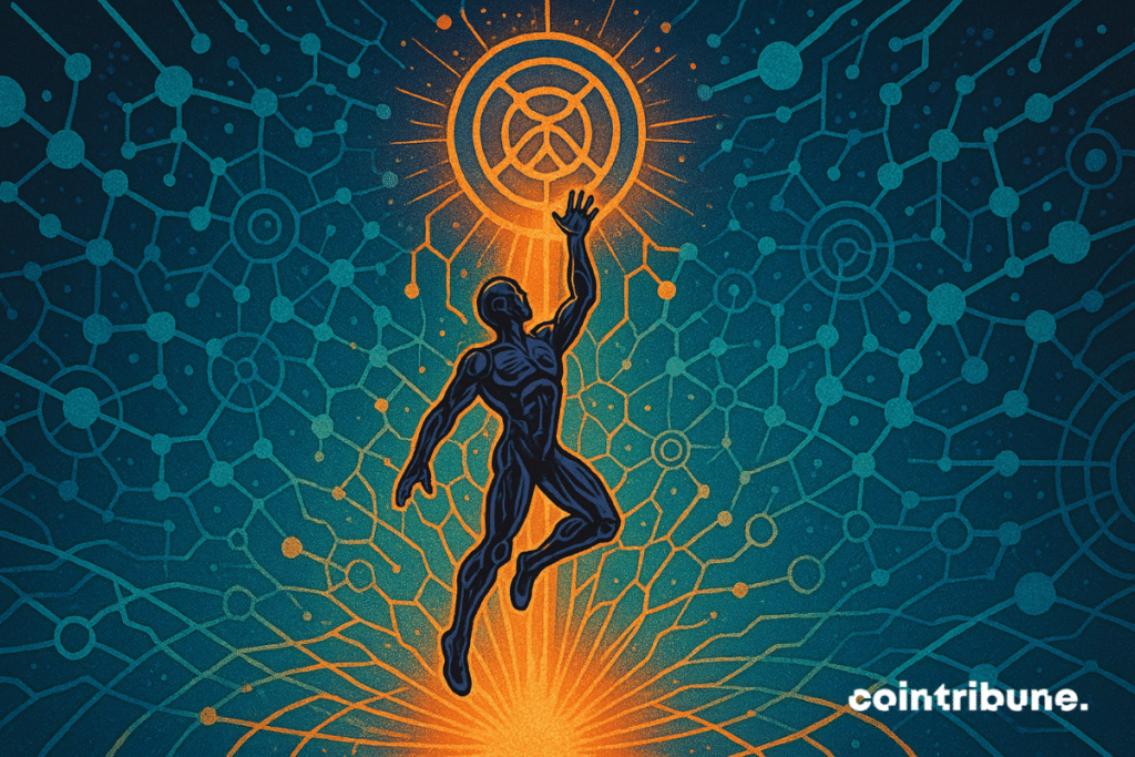 Uma figura cibernética se ergue através de uma rede fractal. O logotipo da rede cripto de IA Bittensor aparece no topo, como um sol ou um alvo.